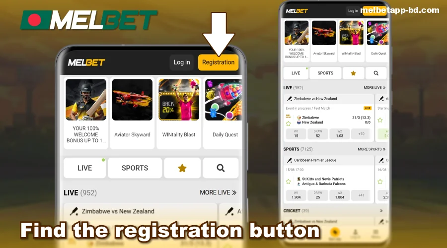 Find the registration button in the Melbet BD app