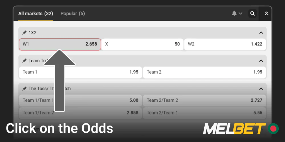 Click on the Melbet odds for your predicted outcome