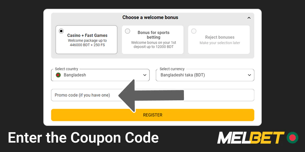Enter the coupon code at Melbet