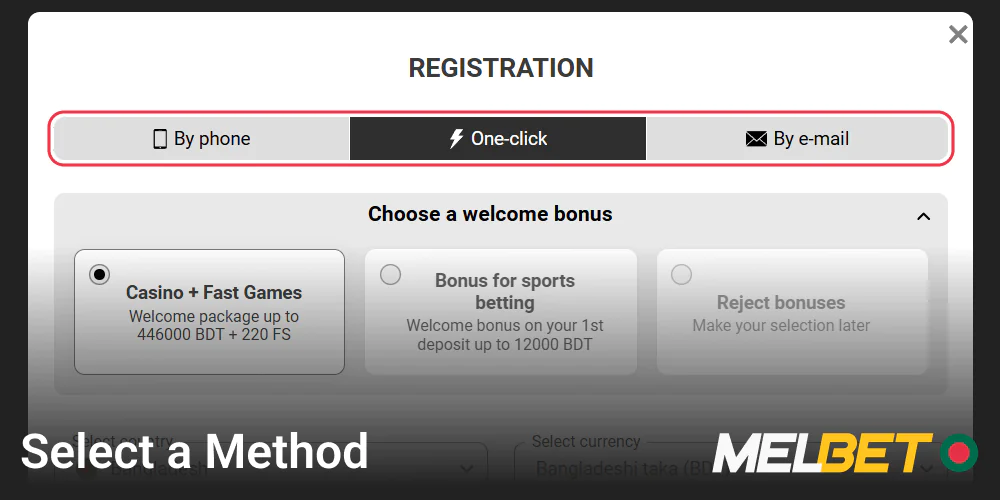 Select a registration method on the Melbet website