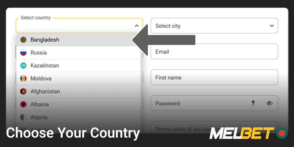Select your country and currency in the Melbet registration window