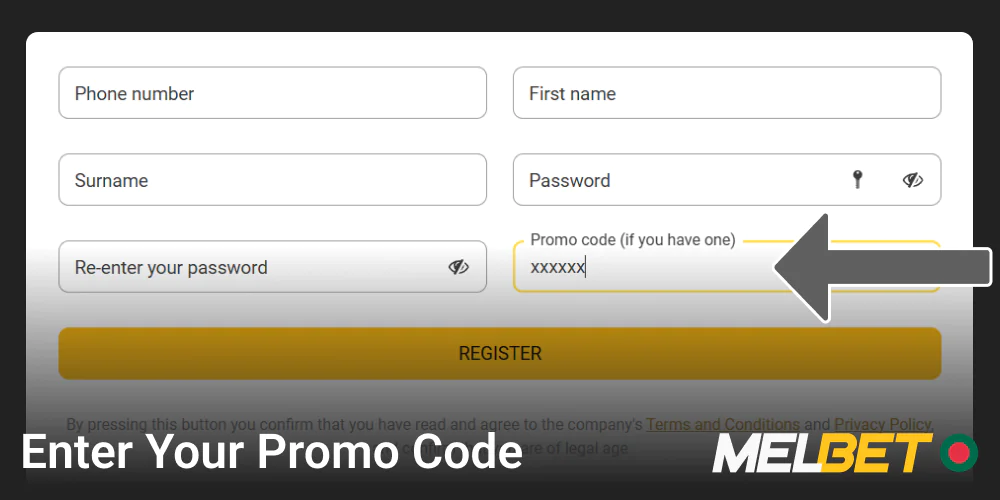 Enter a promo code in the Melbet registration window