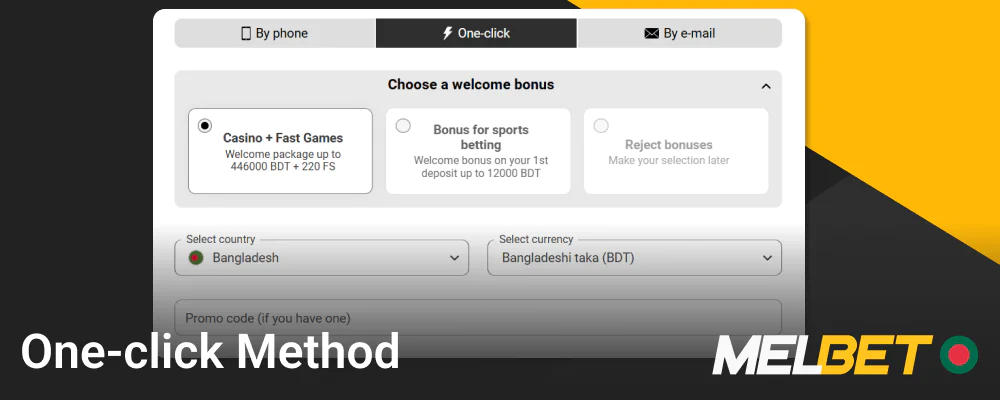 One-click registration at Melbet website