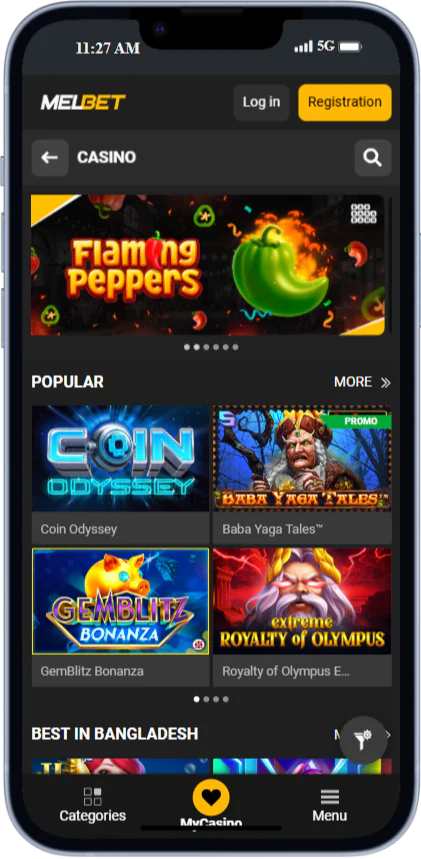 A screenshot of the casino page of the Melbet app