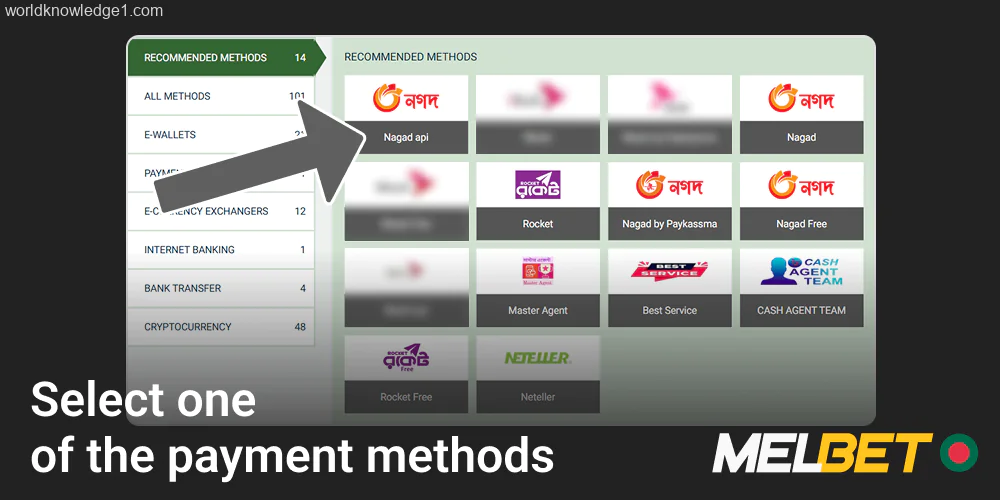 Select one of the payment methods to deposit to your Melbet account